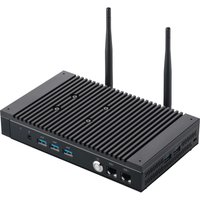 Black ASUS PL64 mini PC with ribbed top, dual antennas, multiple USB ports, and power button on front panel.