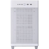 White ASUS Prime AP201 MicroATX Mini Tower with mesh front panel and top-mounted ports.