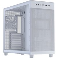 White ASUS PRIME AP303 TG computer case with mesh front panel, side ventilation, and top I/O ports.