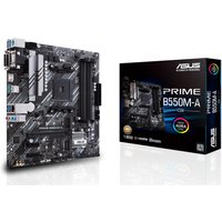 ASUS Prime B550M-A/CSM micro ATX motherboard with black PCB, silver heatsinks, and box packaging.