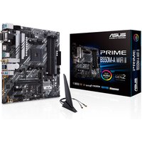 ASUS PRIME B550M-A WIFI II micro ATX motherboard with black PCB, silver heatsinks, and included WiFi antenna.