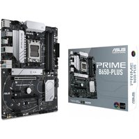ASUS PRIME B650-PLUS motherboard, black ATX board with silver heatsinks, AM5 socket, next to branded box.