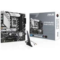 ASUS PRIME B760M-A WIFI D4 micro ATX motherboard, black and silver design, with antenna and packaging box.