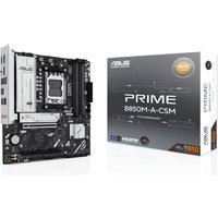 ASUS PRIME B850M-A-CSM micro ATX motherboard with black PCB, silver heatsinks, and box packaging.