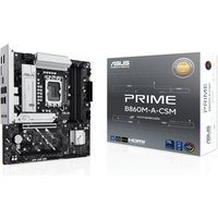 ASUS PRIME B860M-A-CSM micro ATX motherboard with black PCB, silver heatsinks, and box packaging.