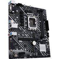 ASUS micro ATX motherboard with black PCB, white circuit patterns, LGA 1700 socket, and multiple expansion slots.