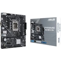 ASUS PRIME H610M-K D4 micro ATX motherboard with black PCB, silver heatsinks, and LGA 1700 socket, next to its box.