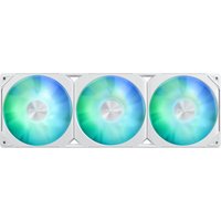 White ASUS Prime LC 360 ARGB liquid cooler with three RGB-lit fans in blue and green hues.