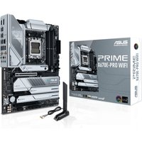 ASUS PRIME X670E-PRO WIFI motherboard, silver and black, with heatsinks, AM5 socket, and WiFi antenna, next to box.