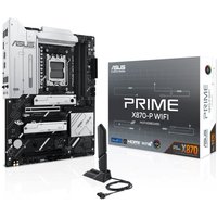 ASUS Prime X870-P WIFI motherboard, black and silver design, ATX form factor, with antenna and packaging box.