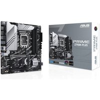 ASUS PRIME Z790M-PLUS micro ATX motherboard, silver heatsinks, black PCB, next to branded box.