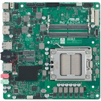 ASUS Pro A620AT-CSM motherboard, green PCB, socket AM5, thin Mini ITX, multiple ports, RAM slots, and capacitors.
