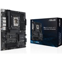 ASUS PRO WS W680-ACE motherboard, black with multiple slots, ports, and heatsinks, next to branded packaging box.