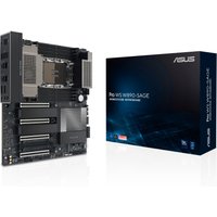 ASUS PRO WS W890-SAGE CEB motherboard with multiple PCIe slots, heatsinks, and black circuit board, next to product box.