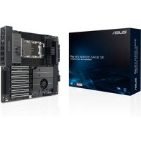 ASUS Pro WS W890E-SAGE SE motherboard, black with multiple PCIe slots, next to a branded blue box.
