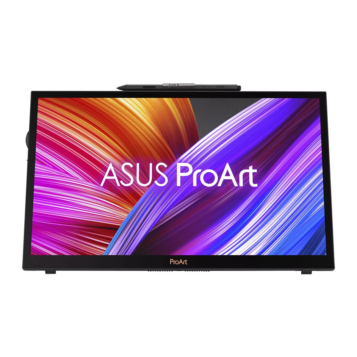 ASUS ProArt PA169CDV monitor features a sleek black design with a 15.6" 4K Ultra HD touchscreen, vibrant colors, and a stylus for precise input, ideal for creative professionals.