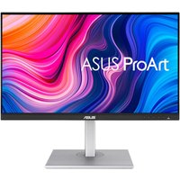 ASUS ProArt PA279CV monitor, 27" 4K Ultra HD, black frame, silver stand, vibrant display with swirling colors.
