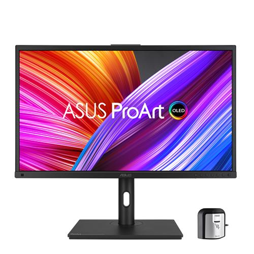 27-inch Asus ProArt 4K UHD OLED monitor with a sleek black frame, vibrant color display featuring swirling purple and orange patterns, and a sturdy black stand.