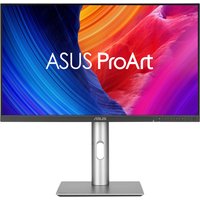 ASUS ProArt PA27JCV monitor, 27" 5K Ultra HD, black frame, silver stand, vibrant display with colorful abstract design.