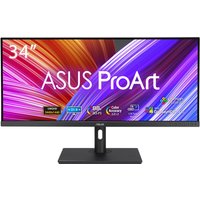 ASUS ProArt PA348CGV monitor, 34" UltraWide Quad HD, black frame, vibrant display with colorful graphics.