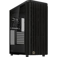 Black ASUS ProArt PA401 tower with wood-textured front panel, side fan, and transparent side window.
