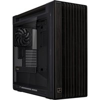 Black ASUS ProArt PA602 Wood Edition Midi Tower with wood accents, mesh front panel, and side cooling fan.