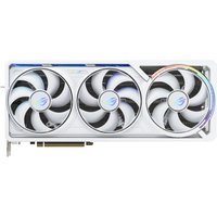 White ASUS ROG Astral RTX 5090 graphics card with triple fans and RGB lighting accents.