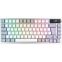 White ASUS ROG Azoth gaming keyboard with RGB backlit keys, wireless and Bluetooth connectivity options.