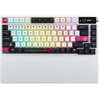 White ASUS ROG Azoth X gaming keyboard with colorful backlit keys and USB connection.