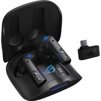 Black ASUS ROG Cetra True Wireless earbuds with charging case and USB-C adapter, featuring blue LED accents.