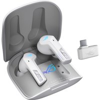 White ASUS ROG Cetra TWS in-ear gaming headset with blue accents, charging case, and USB-C adapter.