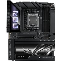 ASUS ROG CROSSHAIR X870E HERO BTF motherboard, black with RGB lighting, AM5 socket, and sleek design elements.