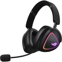 Black ASUS ROG DELTA II headset with RGB lighting, detachable mic, head-band design, USB Type-C, and Bluetooth connectivity.