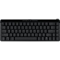 Black ASUS ROG Falchion Ace HFX gaming keyboard, compact layout, USB connection, RGB backlighting, sleek design.