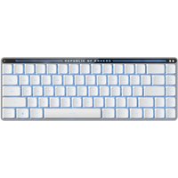 ASUS ROG Falchion RX white keyboard with low-profile keys, compact design, and included mouse; USB, RF wireless, Bluetooth.