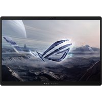 ASUS ROG Flow Z13 laptop with black frame, displaying a futuristic spaceship on a rocky alien landscape.