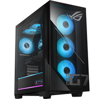 Black ASUS ROG G700 tower with RGB lighting, transparent side panel, and three front blue-lit fans.