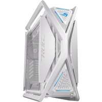 White ASUS ROG GR701 Hyperion PC case with angular design, transparent side panel, and blue LED accents.