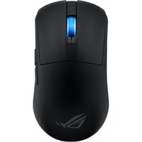 Black ASUS ROG Harpe Ace Mini gaming mouse, ambidextrous, with blue scroll wheel and ROG logo on the palm rest.