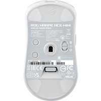 White ASUS ROG Harpe Ace Mini gaming mouse, ambidextrous design, RF wireless, Bluetooth, USB Type-C, 42000 DPI sensor.
