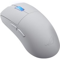 White ASUS ROG Harpe II Ace gaming mouse, right-hand, RF Wireless, Bluetooth, with blue scroll wheel and side buttons.