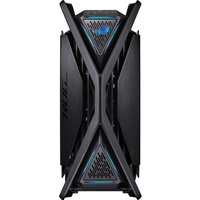 Black ASUS ROG HYPERION GR701 tower with angular design, blue LED accents, and mesh front panel.