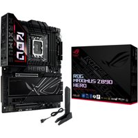 ASUS ROG MAXIMUS Z890 HERO motherboard with black heatsinks, RGB lighting, and box packaging.