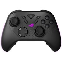 Black ASUS ROG Raikiri II gamepad with textured grips, purple logo, and multiple buttons for Xbox and PC gaming.