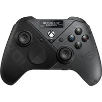 Black ASUS ROG Raikiri Pro gamepad with textured grips, dual analog sticks, and colorful action buttons.