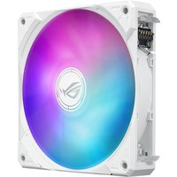 White ASUS ROG liquid cooler with 12 cm ARGB fan, glowing in purple and blue hues, featuring sleek design.