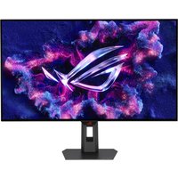 ASUS ROG Strix 31.5" 4K OLED gaming monitor with thin bezels, vibrant display, and angular stand.