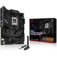 ASUS ROG STRIX B650E-F GAMING WIFI motherboard, black with RGB lighting, AM5 socket, ATX form, includes WiFi antenna.