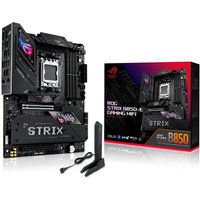 ASUS ROG STRIX B850-E Gaming motherboard, black with RGB lighting, WiFi antenna, and packaging box.