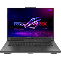 ASUS ROG Strix G16 laptop, sleek black design, illuminated keyboard, large display with ROG logo on screen.
